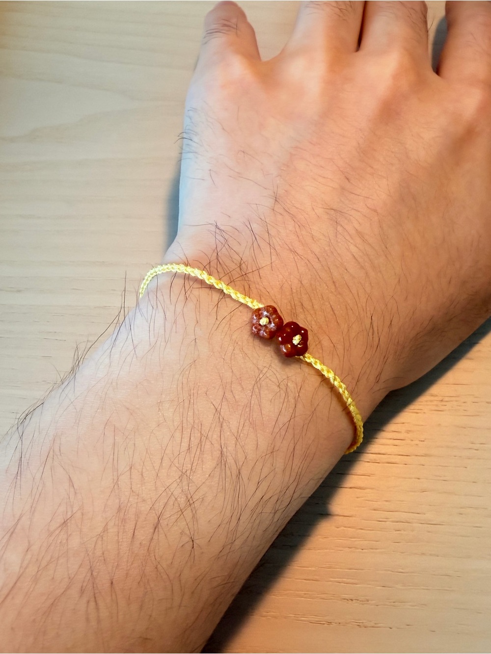 Yellow Cord Bracelet with Red Floral Jadeite Beads